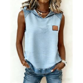 Casual Hooded Sleeveless Patchwork Denim-trimmed Loose-fitting Vest Sweatshirt For Women (Option: Blue-2XL)