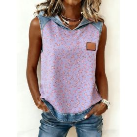 Casual Hooded Sleeveless Patchwork Denim-trimmed Loose-fitting Vest Sweatshirt For Women (Option: Purple-XL)