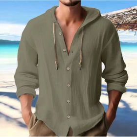 Cotton And Linen Shirt Hooded Sweater Button Long Sleeve (Option: Army Green-XL)