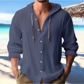Cotton And Linen Shirt Hooded Sweater Button Long Sleeve (Option: Navy Blue-XL)