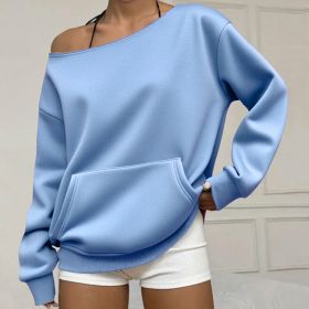 Fashionable Pullover Crew-Neck Off-Shoulder Sweatshirt For Women (Option: Light Blue-S)