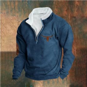 Retro Patchwork Half Cardigan Men's Long-sleeved Sweater (Option: Dark Blue-3XL)