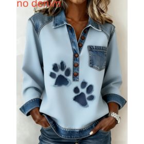 Denim Patchwork Collar Button-down Casual Long-sleeved Top (Option: Blue-XXL)