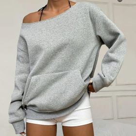 Fashionable Pullover Crew-Neck Off-Shoulder Sweatshirt For Women (Option: Light Grey-3XL)