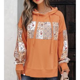 Pullover Hoodie With Drawstrings Top Casual Printed Loose Sweatshirt (Option: Orange Red-S)