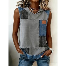 Casual Hooded Sleeveless Patchwork Denim-trimmed Loose-fitting Vest Sweatshirt For Women (Option: Blue gray-M)