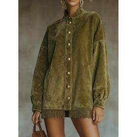Velvet Fringed Hem Casual Stand-up Collar Button-down Loose Sweatshirt Dress (Option: Olive green-L)