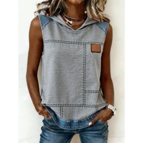 Casual Hooded Sleeveless Patchwork Denim-trimmed Loose-fitting Vest Sweatshirt For Women (Option: Gray-M)