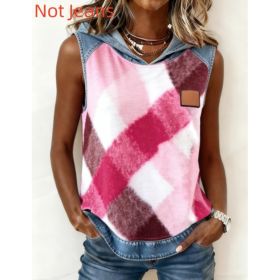 Casual Hooded Sleeveless Patchwork Denim-trimmed Loose-fitting Vest Sweatshirt For Women (Option: Rose red-S)