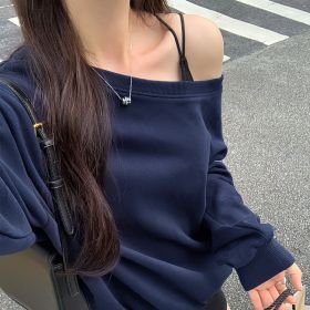Casual Loose Shoulder Sweater For Women (Option: Navy Blue-S)