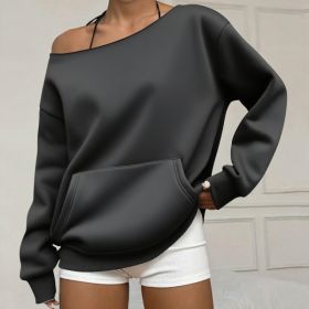 Fashionable Pullover Crew-Neck Off-Shoulder Sweatshirt For Women (Option: Black-S)