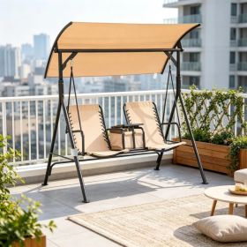 Beige 2-Seat Porch Swing with Adjustable Canopy, Built-in Storage Table & Cup Holders for Backyard (Option: Default Title)
