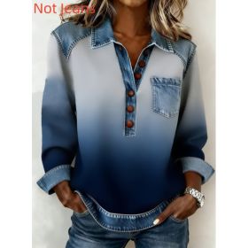 Denim Patchwork Collar Button-down Casual Long-sleeved Top (Option: Dark Blue-XXL)
