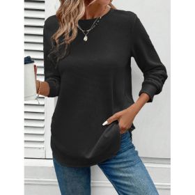 Women's Solid Color Round Neck Loose Stylish Sweatshirt (Option: Black-S)