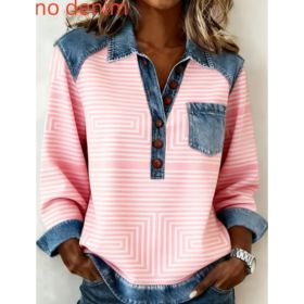 Denim Patchwork Collar Button-down Casual Long-sleeved Top (Option: Pink-XXL)