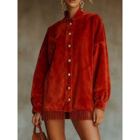 Velvet Fringed Hem Casual Stand-up Collar Button-down Loose Sweatshirt Dress (Option: Red-S)