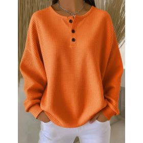 Round Neck Waffle Solid Color Pullover Loose Top (Option: Orange-S)