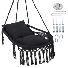Black Boho Macrame Hanging Swing Chair with 2 Padded Cushions, 330LBS Capacity Hammock Chair for Indoor Outdoor Bedroom Patio Balcony (Option: Default Title)