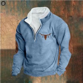 Retro Patchwork Half Cardigan Men's Long-sleeved Sweater (Option: Blue-XL)
