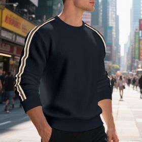 Casual Men's Loose Round Neck Sweater Thin (Option: Navy Blue-M)