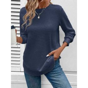 Women's Solid Color Round Neck Loose Stylish Sweatshirt (Option: Navy Blue-M)