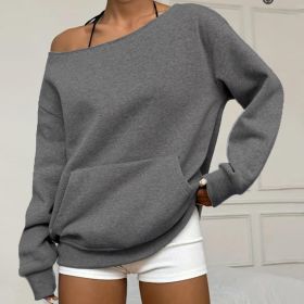 Fashionable Pullover Crew-Neck Off-Shoulder Sweatshirt For Women (Option: Dark Gray-M)