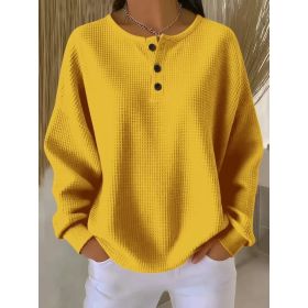 Round Neck Waffle Solid Color Pullover Loose Top (Option: Yellow-M)