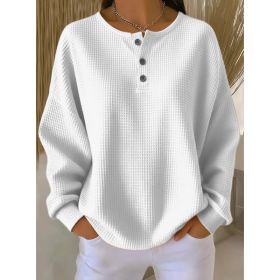 Round Neck Waffle Solid Color Pullover Loose Top (Option: White-5XL)