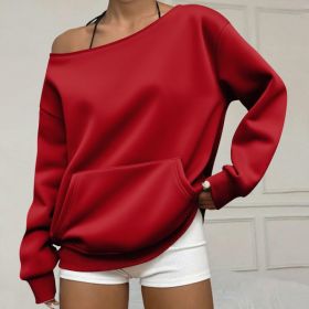 Fashionable Pullover Crew-Neck Off-Shoulder Sweatshirt For Women (Option: Red-L)