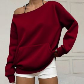 Fashionable Pullover Crew-Neck Off-Shoulder Sweatshirt For Women (Option: Wine Red-L)