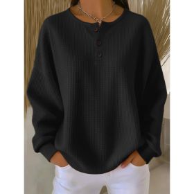 Round Neck Waffle Solid Color Pullover Loose Top (Option: Black-L)