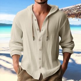 Cotton And Linen Shirt Hooded Sweater Button Long Sleeve (Option: Apricot-L)