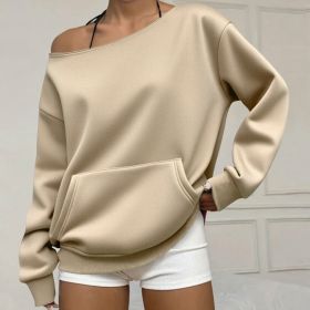 Fashionable Pullover Crew-Neck Off-Shoulder Sweatshirt For Women (Option: Apricot-L)