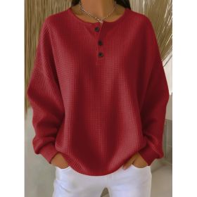 Round Neck Waffle Solid Color Pullover Loose Top (Option: Red-XL)